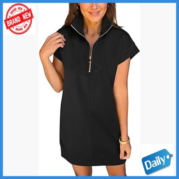 Summer Casual Half Zip Cap Sleeve Wrinkle-Free Tshirt Dress Mini Length